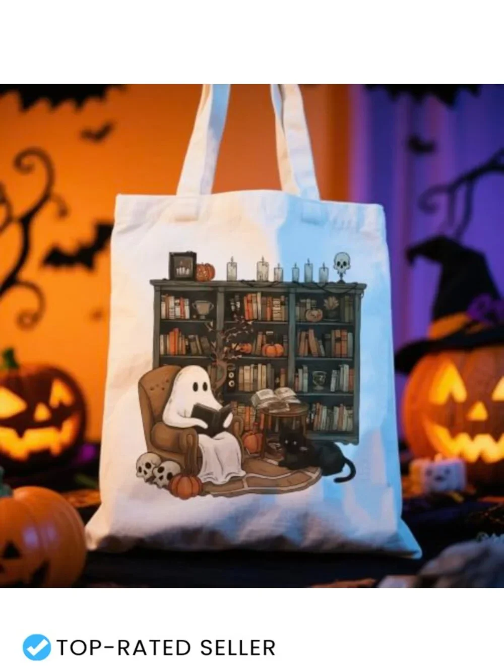Spooky Book Lover Ghost Tote Bag Black Cat Pumpkin Skull
